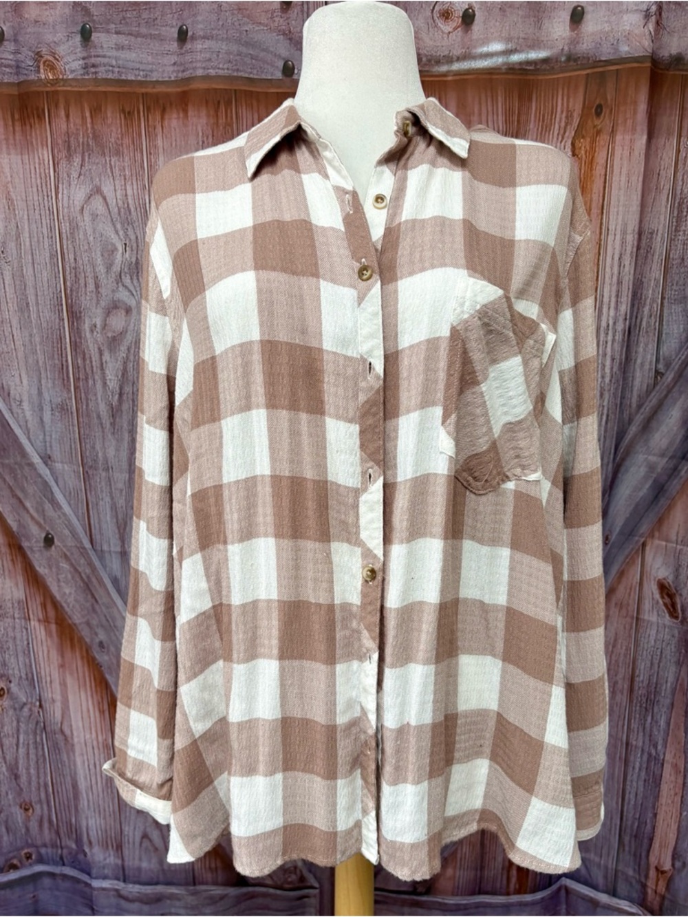 Maurices Cream and Tan soft Cotton Blend Plaid Button Down Shirt